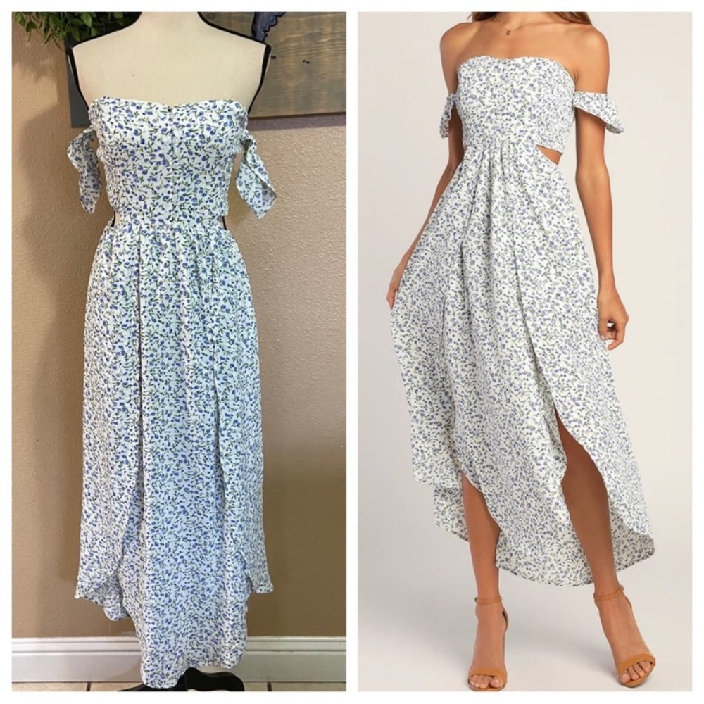 NWT Lulus Easy on the Eyes White Floral Print Off-the-Shoulder Maxi Dress